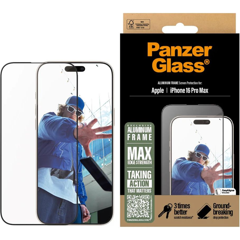 Szkło hartowane PanzerGlass Aluminum Frame Ultra-Wide Fit do Apple iPhone 16 Pro Max z czarną ramką